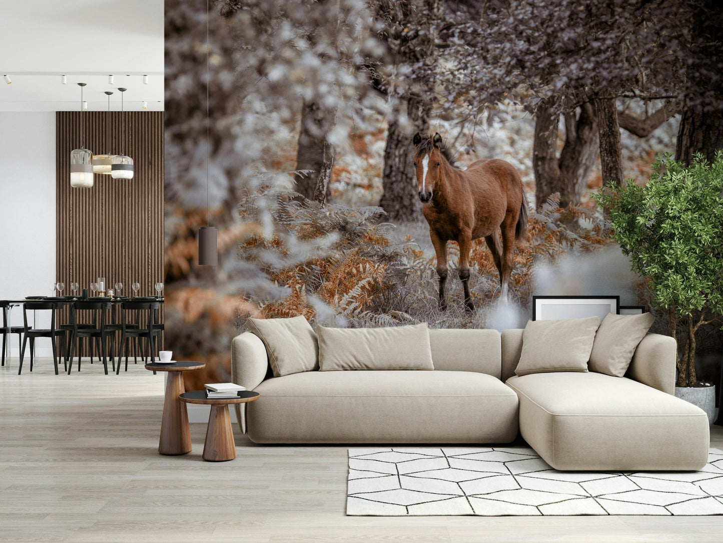 Wild Stallion Wall Mural on a spacious living room wall with modern gray furniture.
