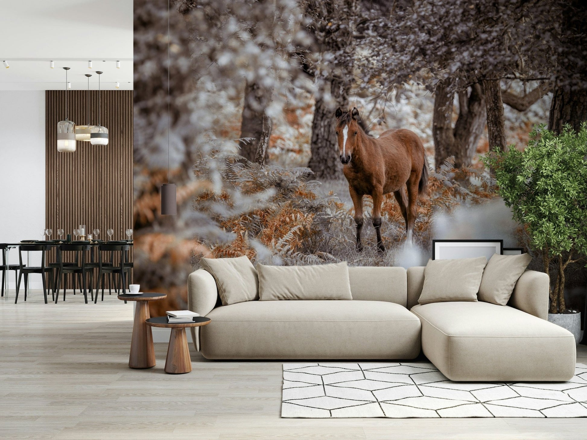 Wild Stallion Wall Mural on a spacious living room wall with modern gray furniture.