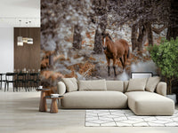 Wild Stallion Wall Mural on a spacious living room wall with modern gray furniture.