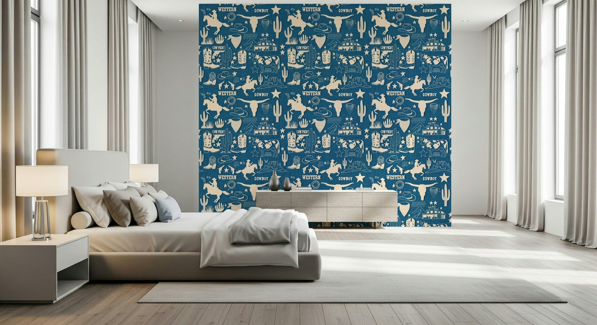 Western ranch wallpaper mural with hand-drawn cowboy elements on a bold blue background.