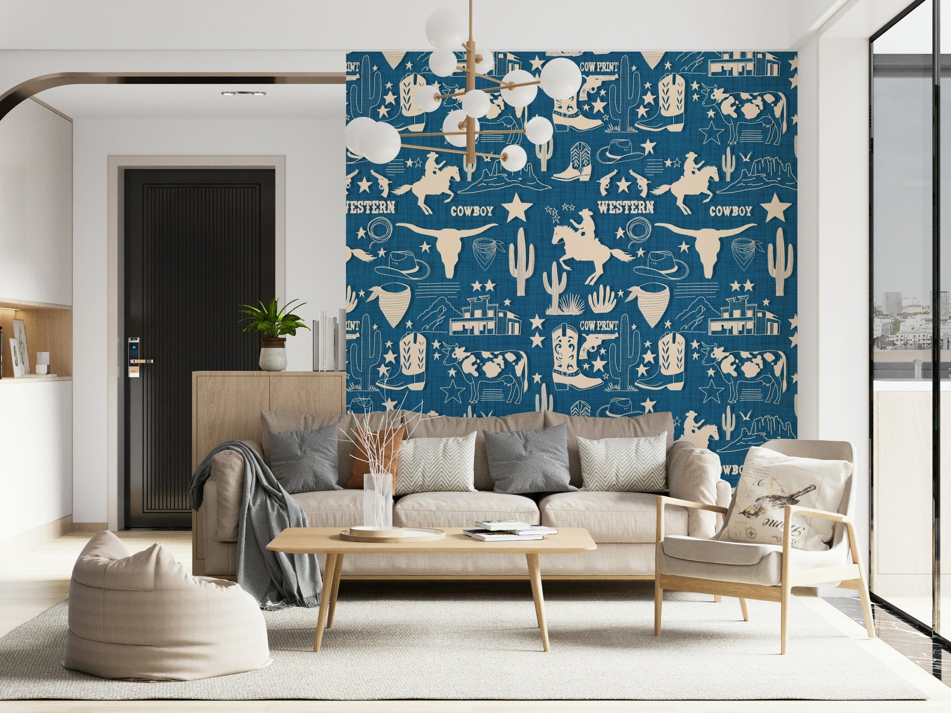 Vintage-style wallpaper featuring cream Western icons arranged in a repeating blueprint layout.