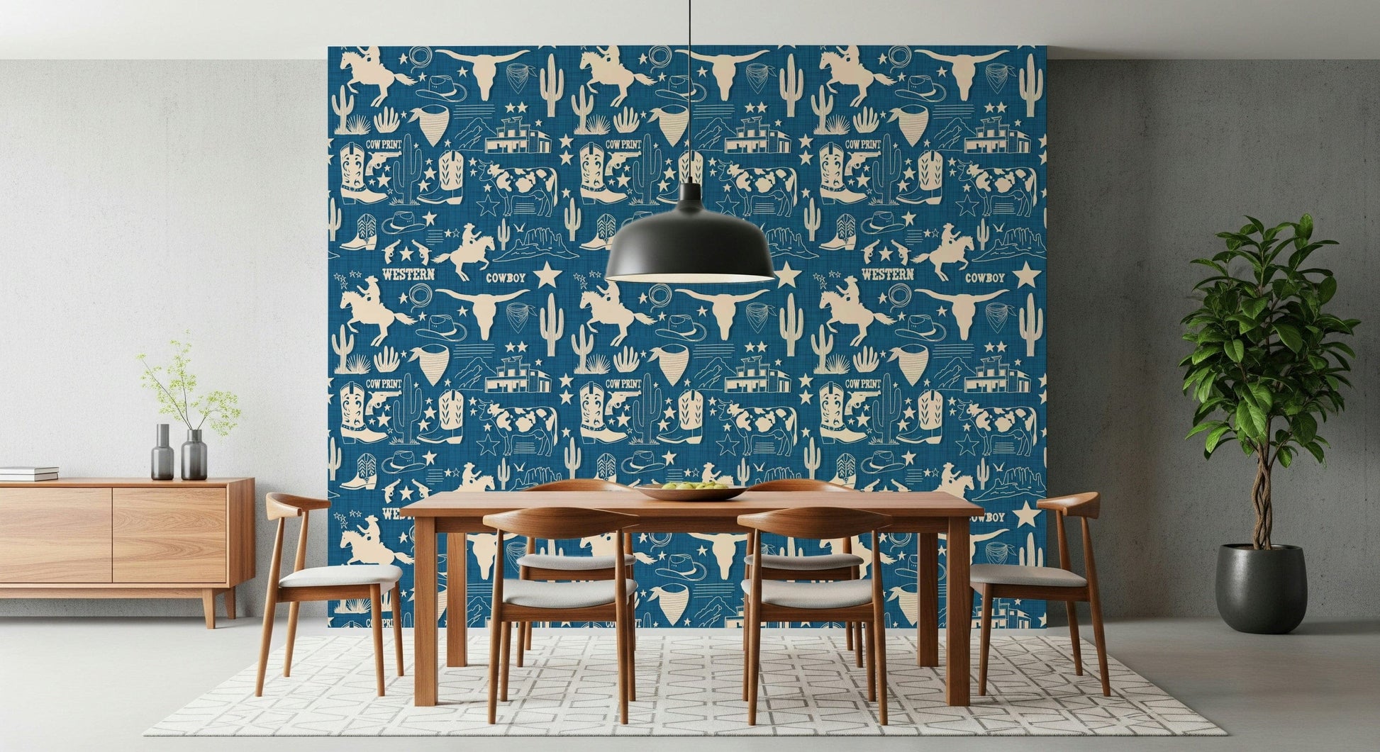 Wild West Blueprint wallpaper mural highlighting western badges, longhorn skulls, and cowboy imagery.