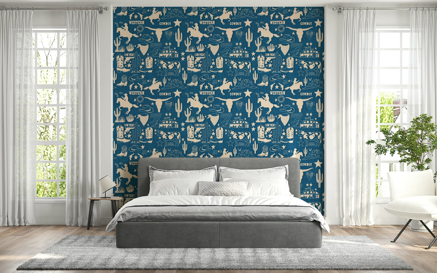 Patterned wallpaper with Wild West illustrations including lassos, horses, boots, and desert scenes.