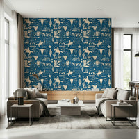 Rustic cowboy wallpaper mural featuring cream line-art symbols on a denim-blue backdrop.