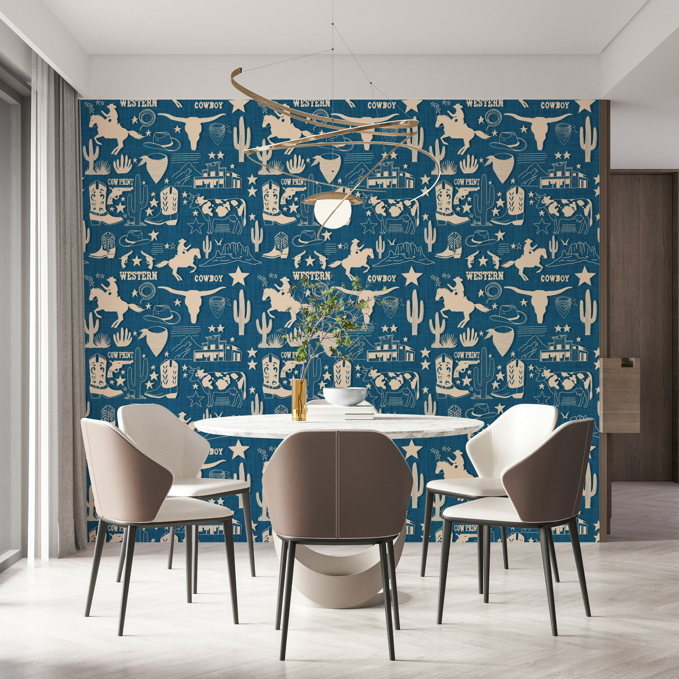 Wild West Blueprint wallpaper featuring cream cowboy motifs on a deep blue textured background.