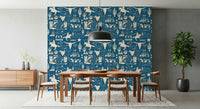 Wild West Blueprint wallpaper mural highlighting western badges, longhorn skulls, and cowboy imagery.