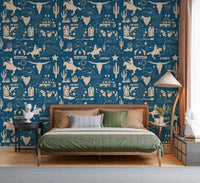 Wild West Blueprint wallpaper with illustrated rodeo riders, cattle, stars, and ranch icons.