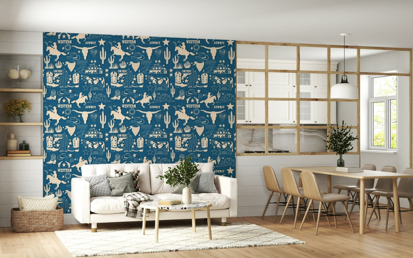 Wild West Blueprint wallpaper showcasing horses, barns, boots, and cacti in a seamless pattern.