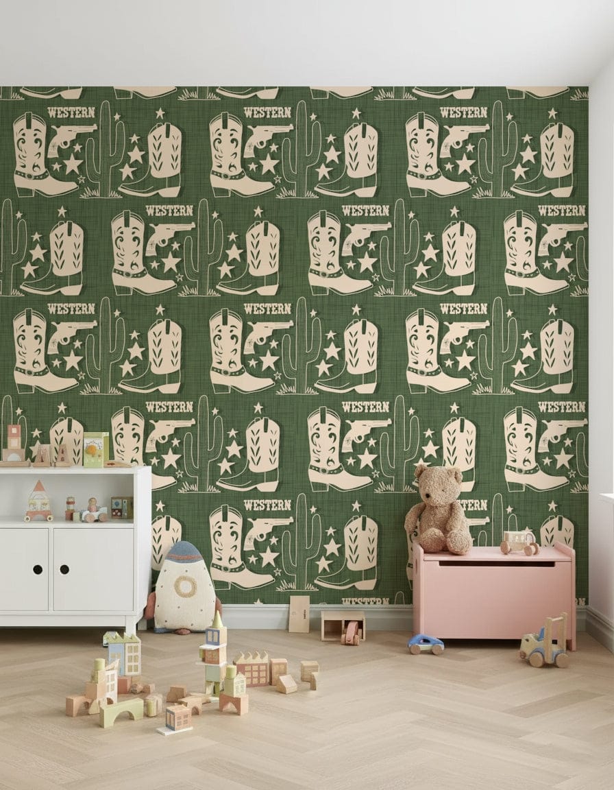 Wild West Charm wallpaper showcasing vintage-style cowboy motifs in a stencil-like pattern.