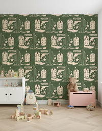 Wild West Charm wallpaper showcasing vintage-style cowboy motifs in a stencil-like pattern.