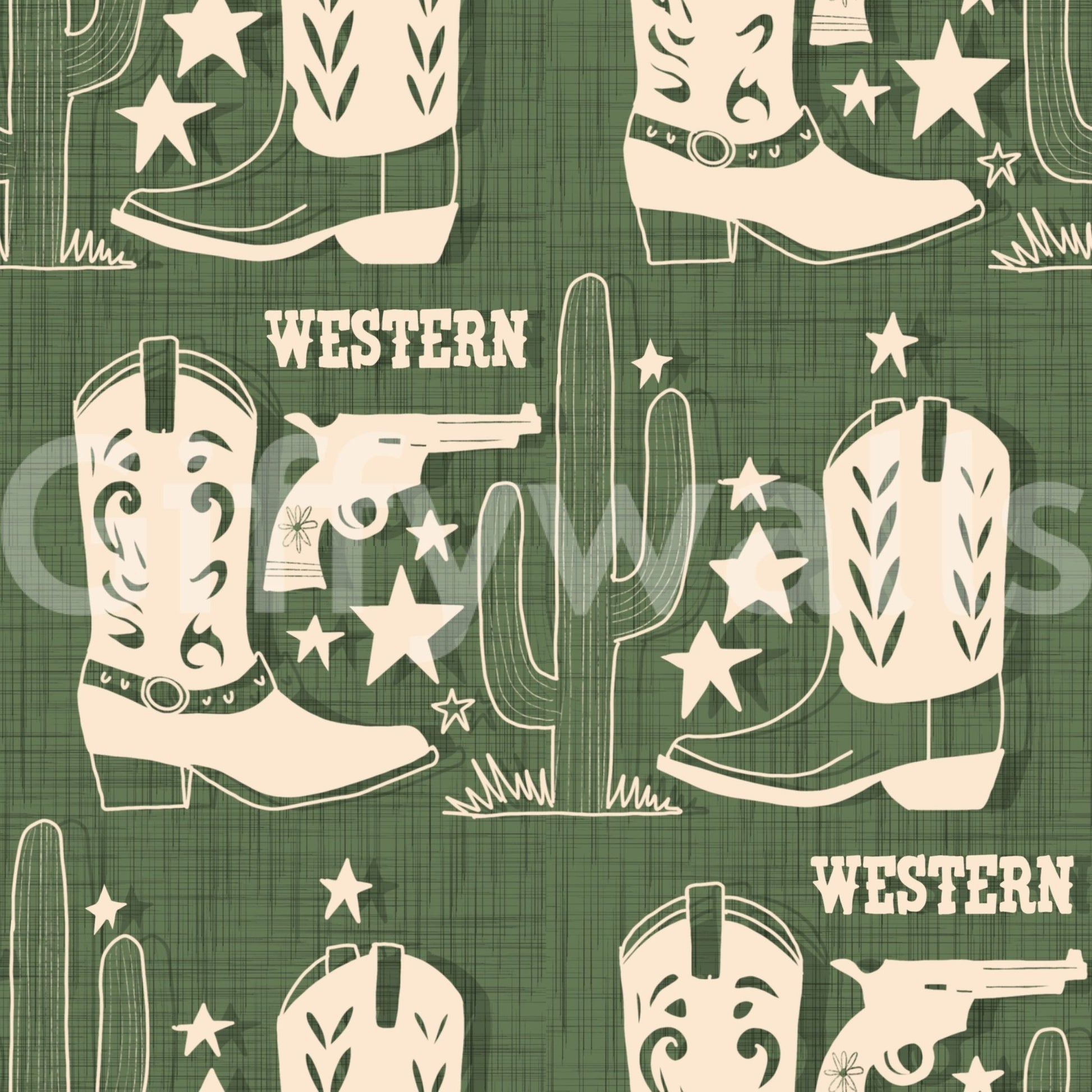 Frontier-inspired wallpaper showcasing cowboy boots, pistols, and cacti in a bold Western theme.