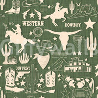 Vintage western wallpaper with illustrated frontier symbols in an organic, hand-sketched design.