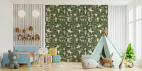 Western-inspired wallpaper mural featuring rustic line drawings of boots, horses, and cacti.