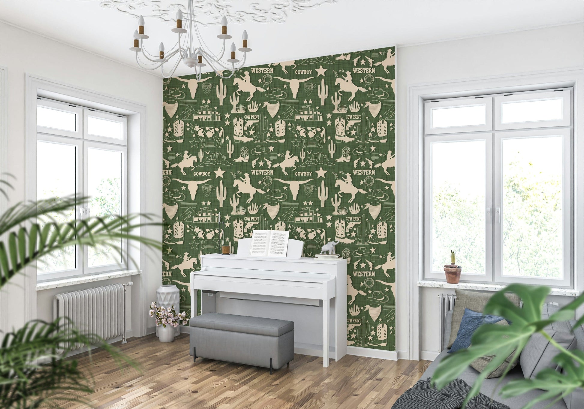 Wild West Sketch wallpaper with cowboy silhouettes, ranch icons, and hand-drawn desert elements.