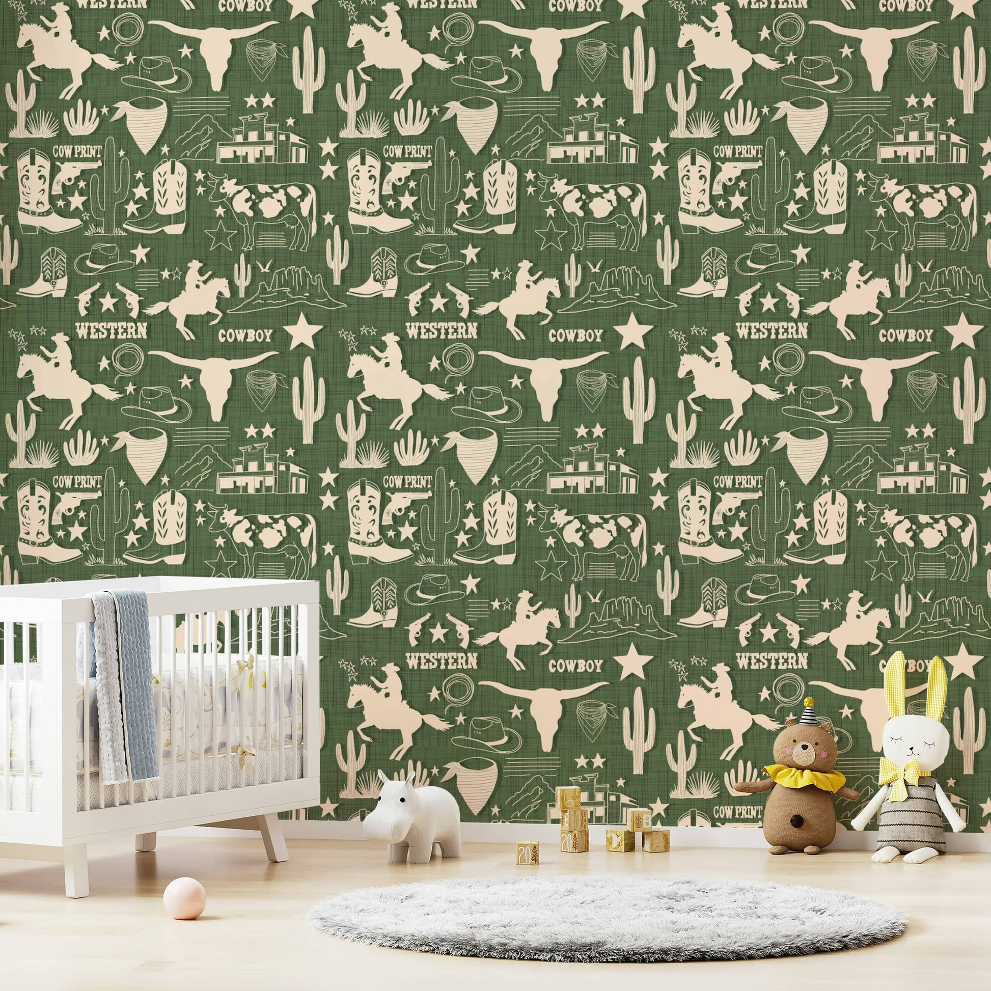 Wild West wallpaper featuring illustrated cowboy scenes, stars, cattle skulls, and desert plants.