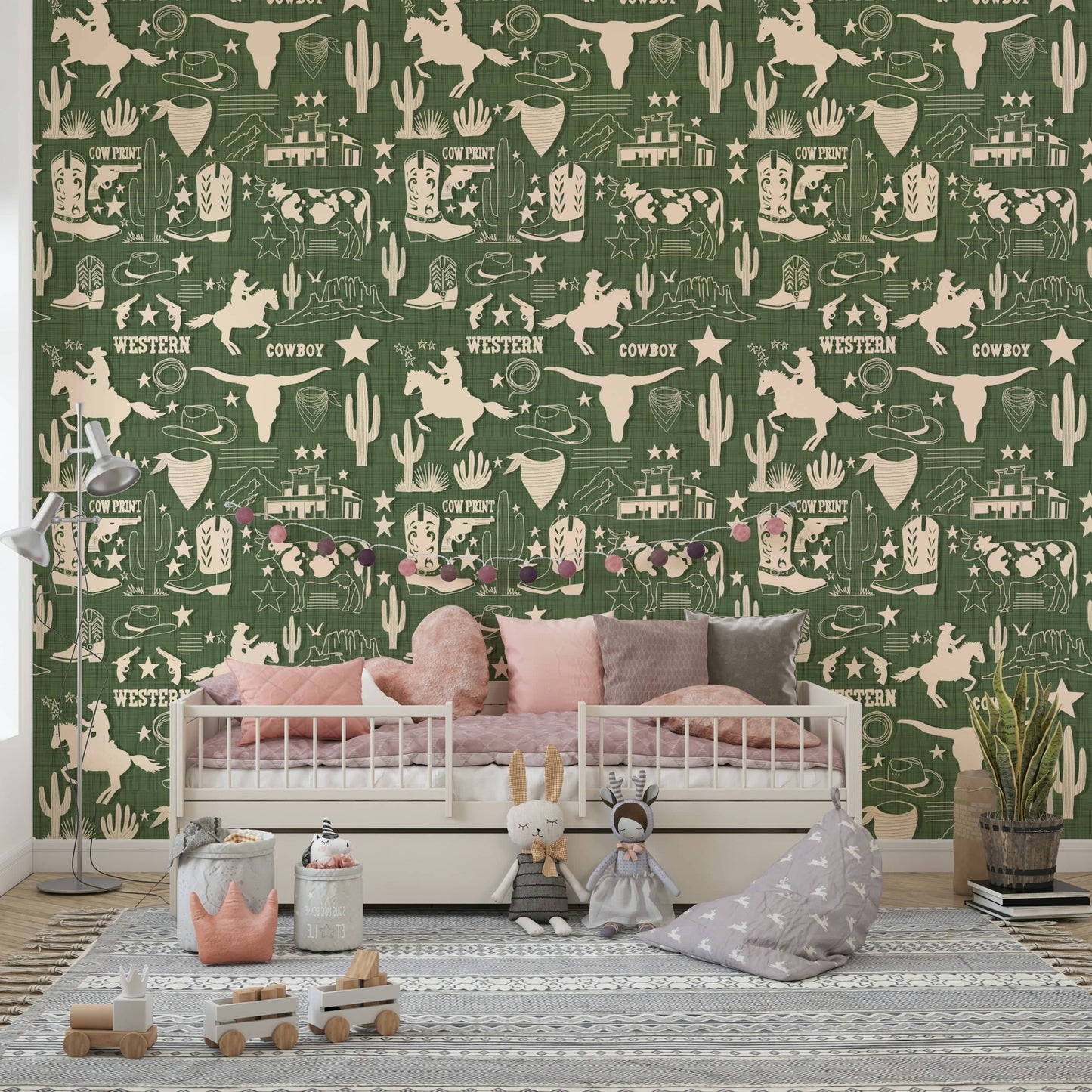 Patterned Wild West Sketch wallpaper featuring sketched horses, longhorns, boots, and frontier imagery.