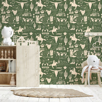 Rustic western wallpaper mural with hand-drawn ranch symbols, cacti, lassos, and cowboy hats.