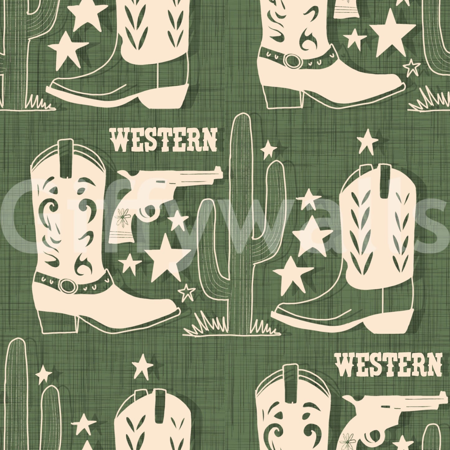Frontier-inspired wallpaper showcasing cowboy boots, pistols, and cacti in a bold Western theme.