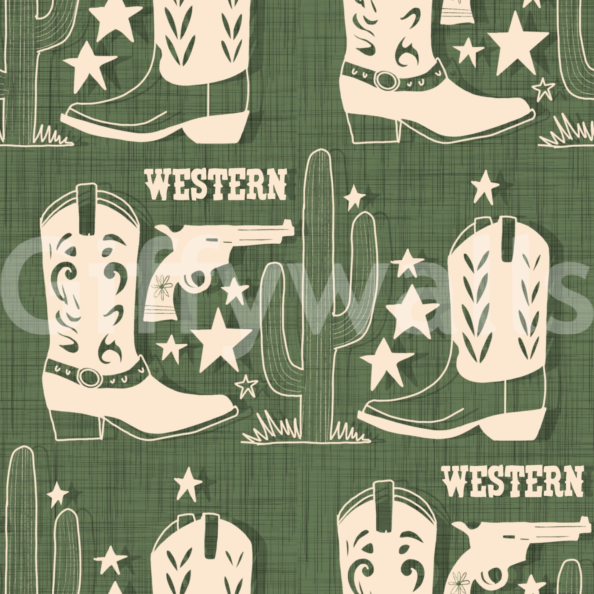 Frontier-inspired wallpaper showcasing cowboy boots, pistols, and cacti in a bold Western theme.