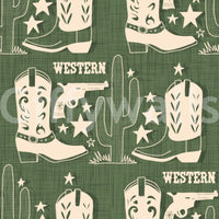 Frontier-inspired wallpaper showcasing cowboy boots, pistols, and cacti in a bold Western theme.