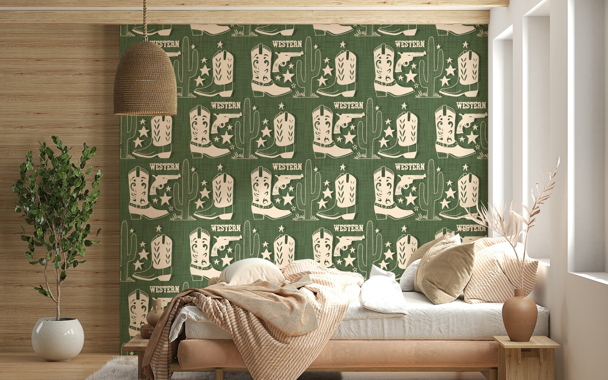 Wild West Charm wallpaper mural with repeating cowboy boots, stars, and frontier imagery.