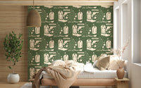 Wild West Charm wallpaper mural with repeating cowboy boots, stars, and frontier imagery.