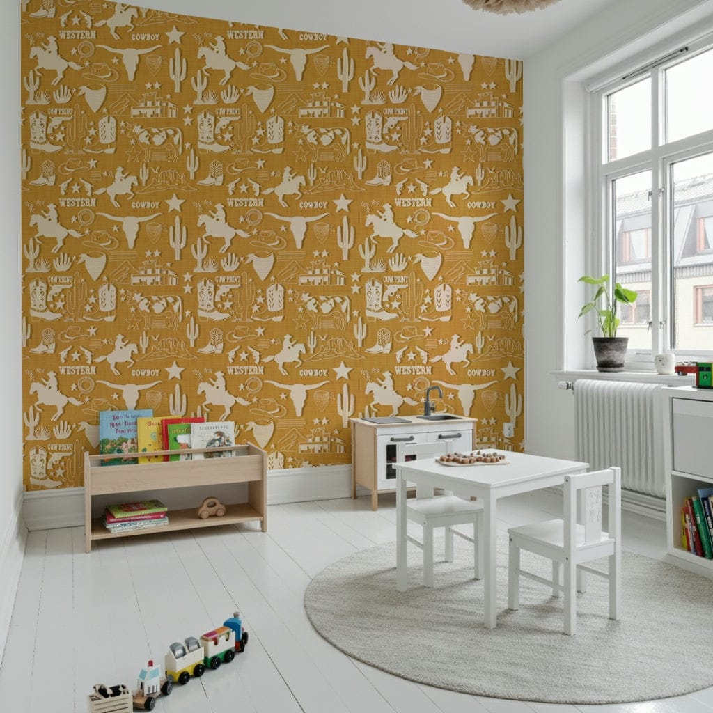 Wild West Roundup wallpaper mural with ranch-themed graphics arranged in a seamless repeating layout.