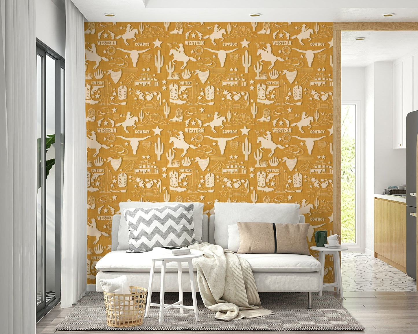 Wild West Roundup wallpaper showcasing illustrated cowboy scenes, ranch symbols, and frontier elements.