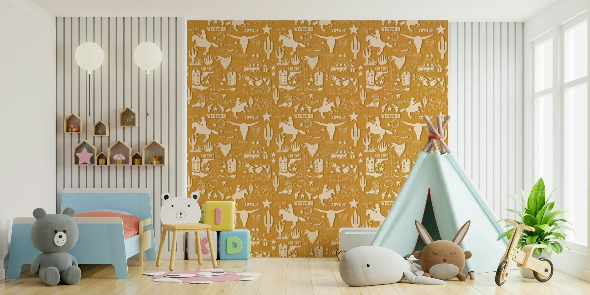 Western roundup wallpaper mural with vintage-style cowboy icons and desert-themed illustrations.