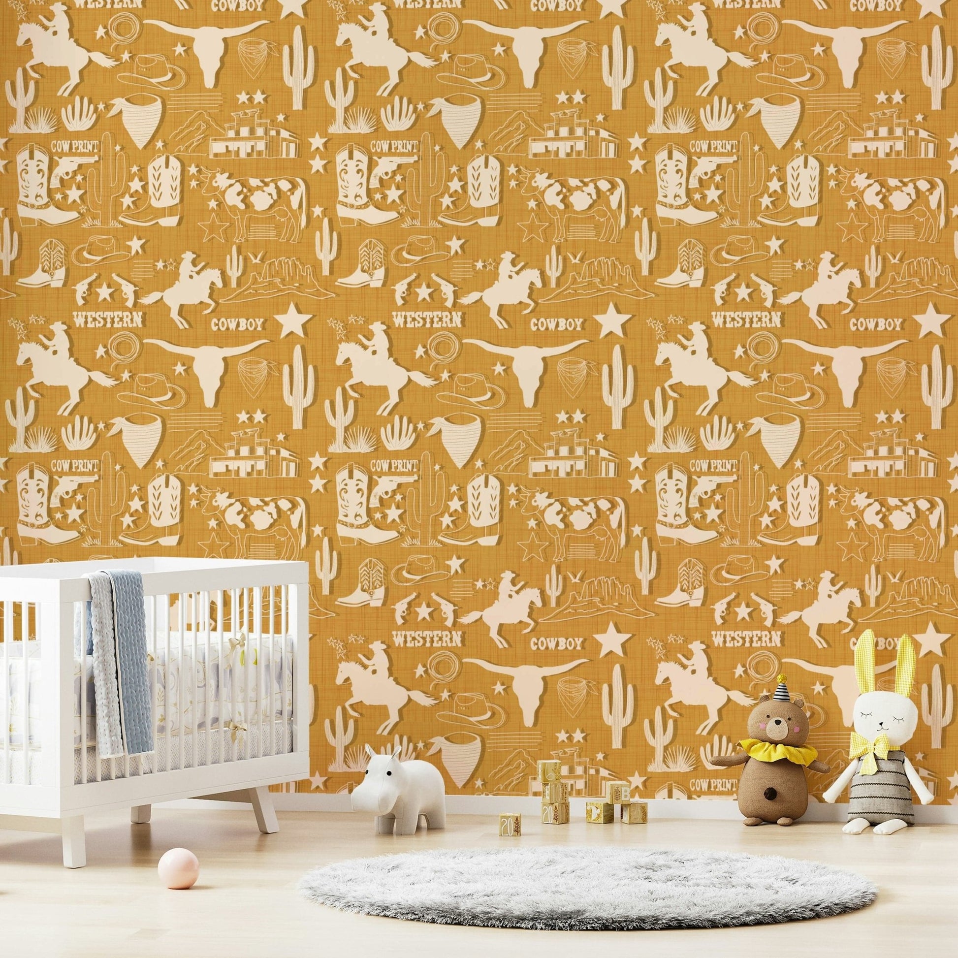 Cowboy-inspired wallpaper featuring sketch-style bronco riders, boots, and Western landscapes.