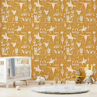 Cowboy-inspired wallpaper featuring sketch-style bronco riders, boots, and Western landscapes.