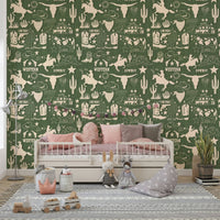 Patterned Wild West Sketch wallpaper featuring sketched horses, longhorns, boots, and frontier imagery.