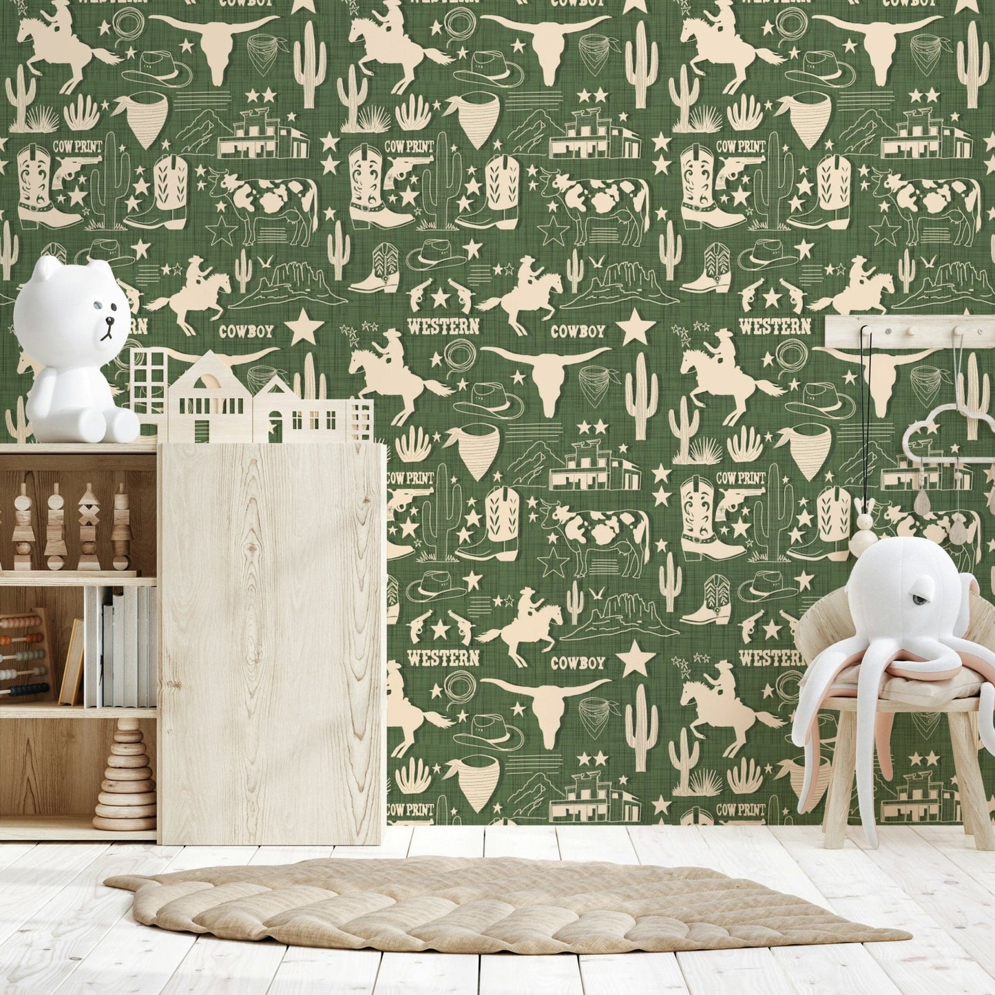 Rustic western wallpaper mural with hand-drawn ranch symbols, cacti, lassos, and cowboy hats.