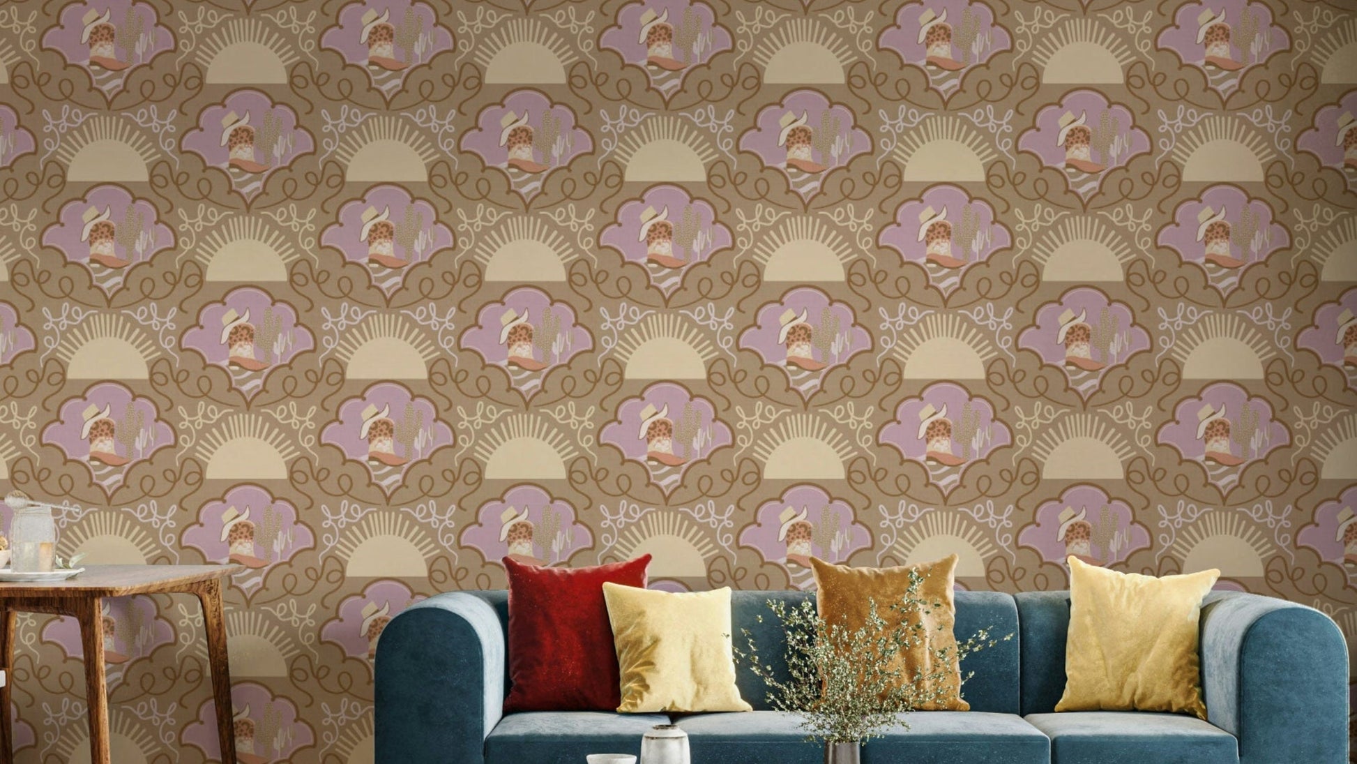 A wallpaper design with cowboy boots and cacti.

