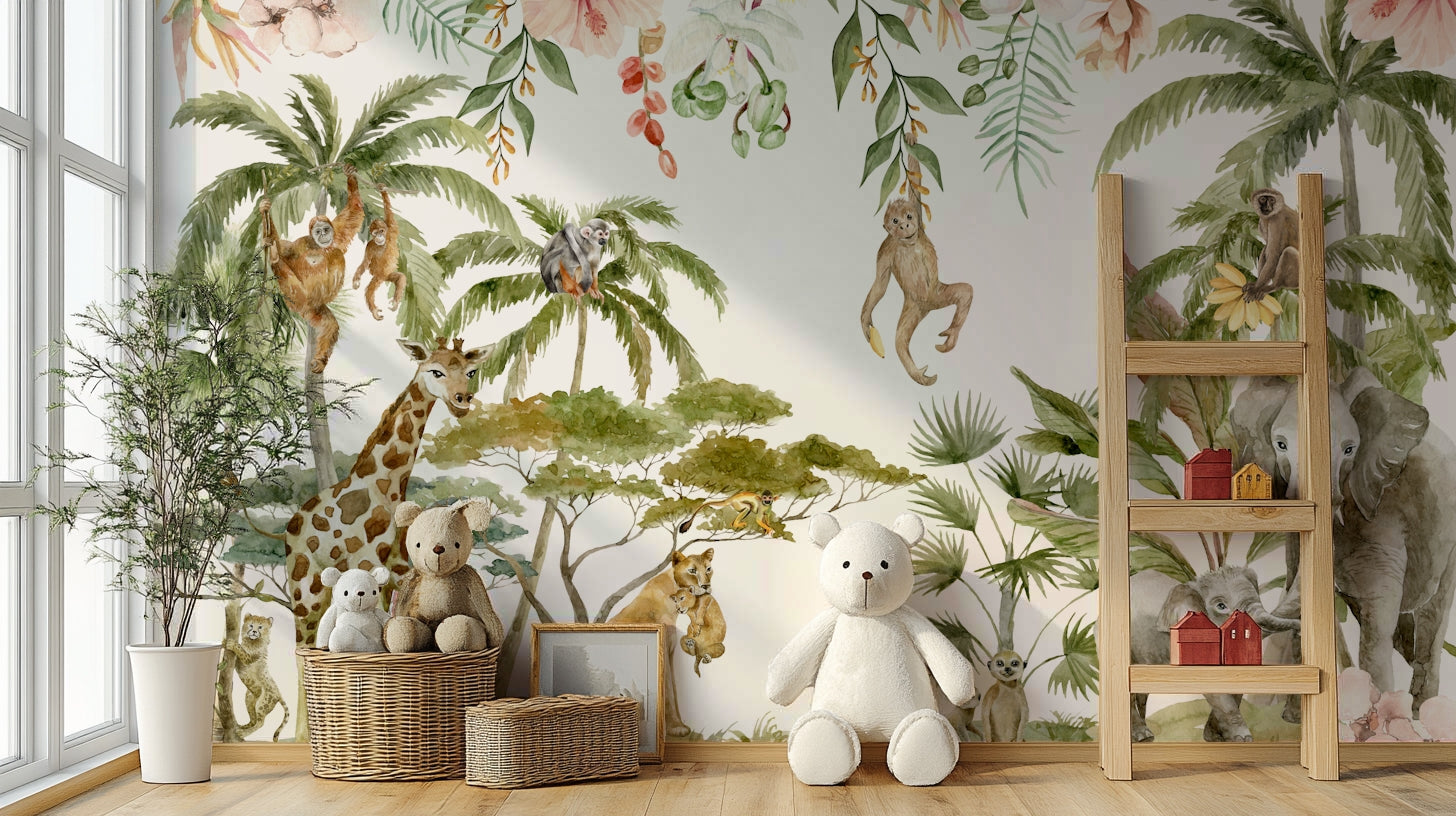 Watercolor mural with wild animals

