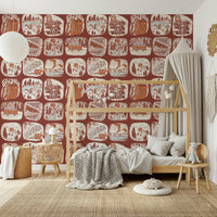 Wilderness Patches wallpaper mural capturing illustrated badges of rugged landscapes and wildlife.