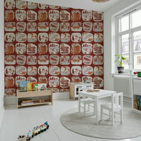 Wild nature wallpaper featuring illustrated outdoor adventure patches on a deep brown background.