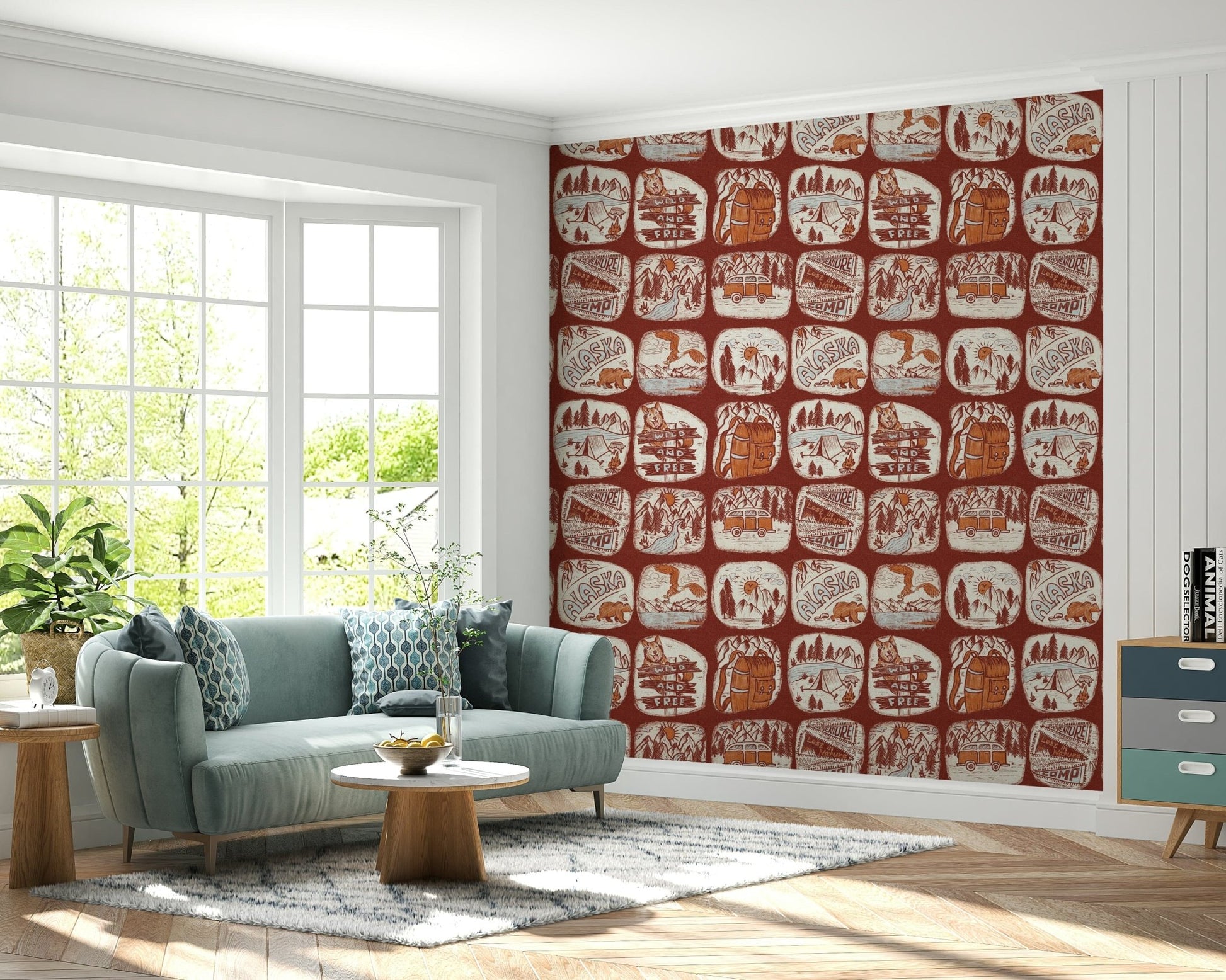 Outdoor-themed wallpaper with repeating square badges of Alaska landscapes, bears, and campers.