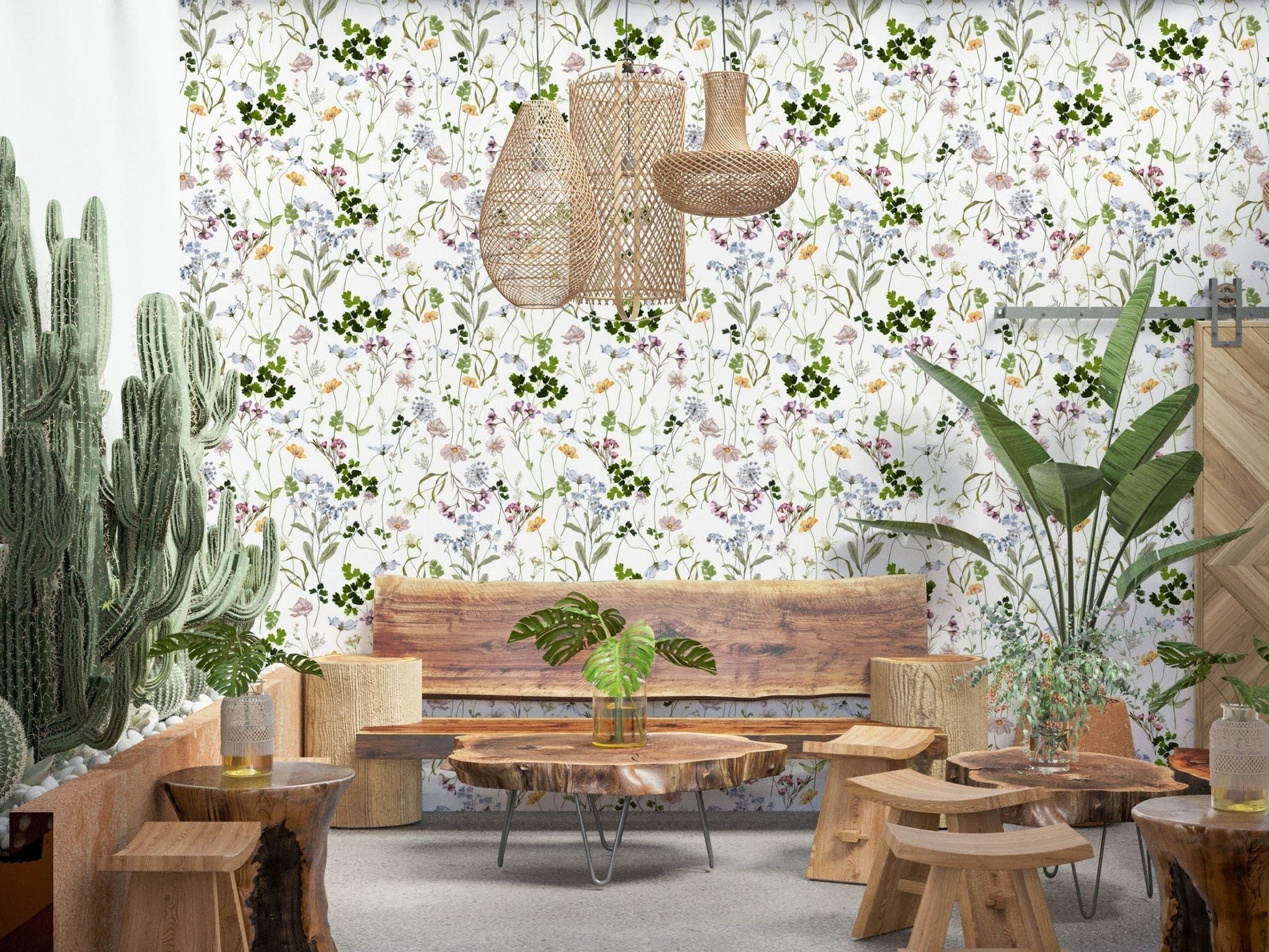 Home office setup featuring a floral meadow wall mural and ergonomic chair.