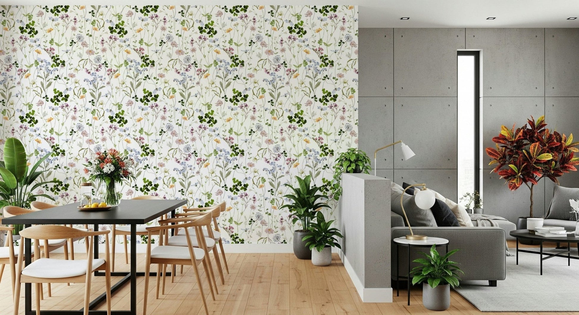 Floral wall mural used for home styling in a bright, airy master bedroom.