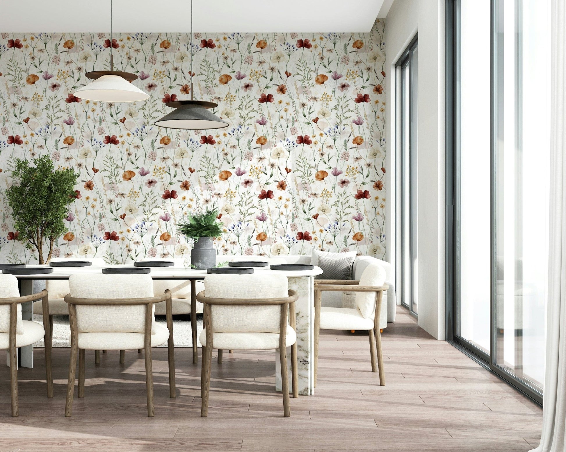 Wildflower Hues mural watercolor floral design for wall accents.