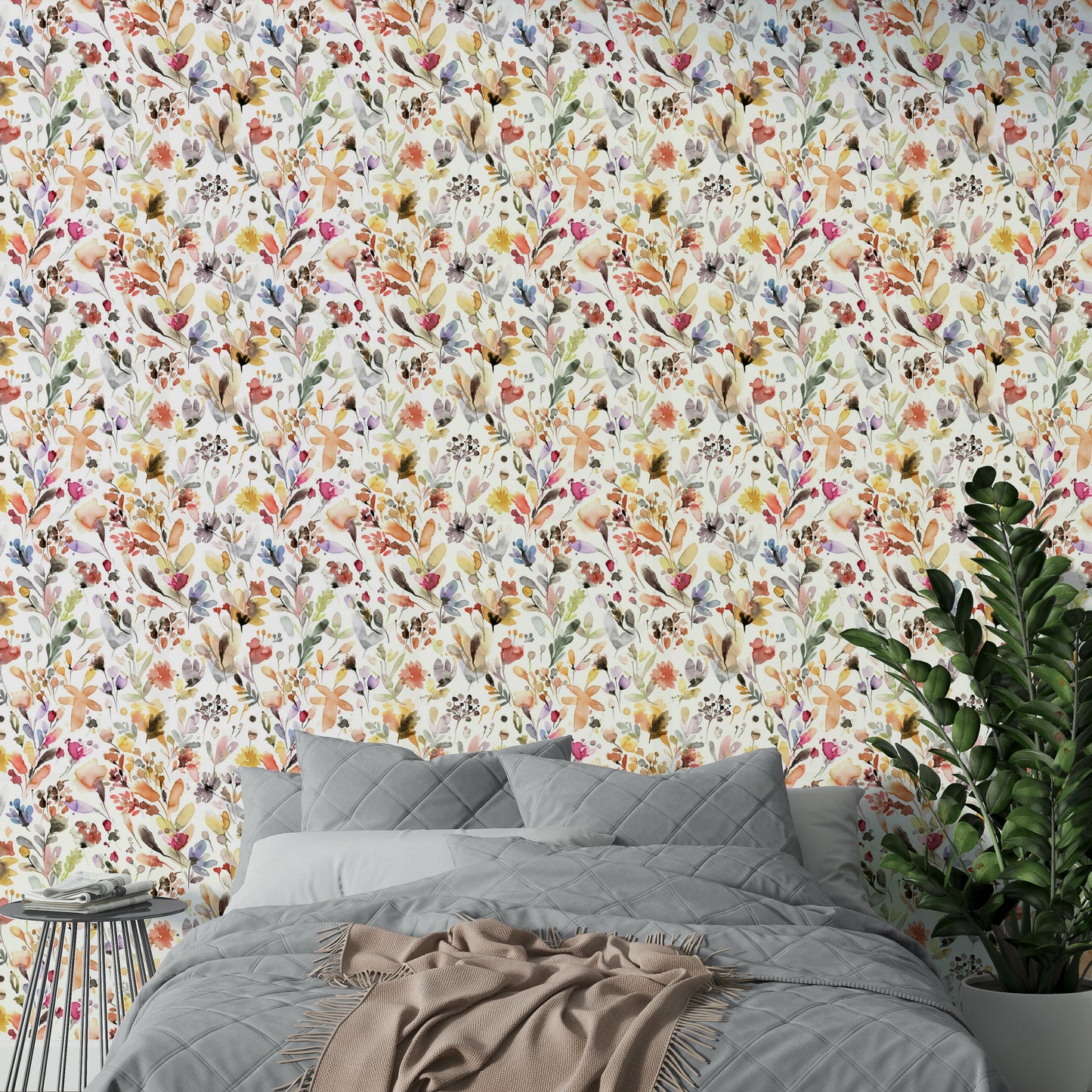 Black ink floral sketches on modern wallpaper


