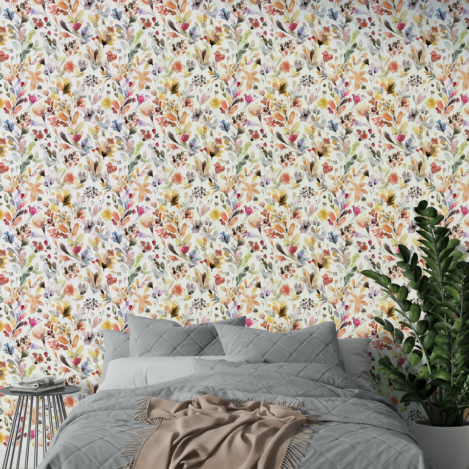 Black ink floral sketches on modern wallpaper

