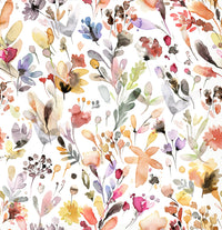 Artsy Ink Wild Flowers Nature wallpaper swatch of loose orange, rust and lilac watercolor wildflowers on white