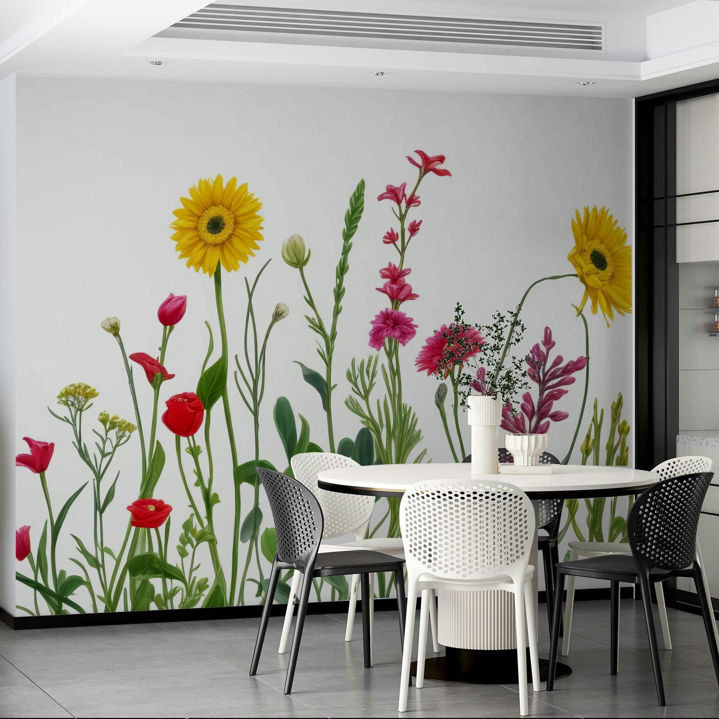 Lively hues (reds, yellows, blues, purples, whites).

