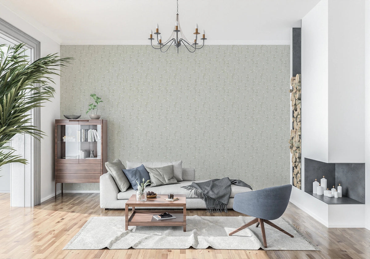Wildflower Whisper pastel white mini flowers living room wallpaper with soft green backdrop
