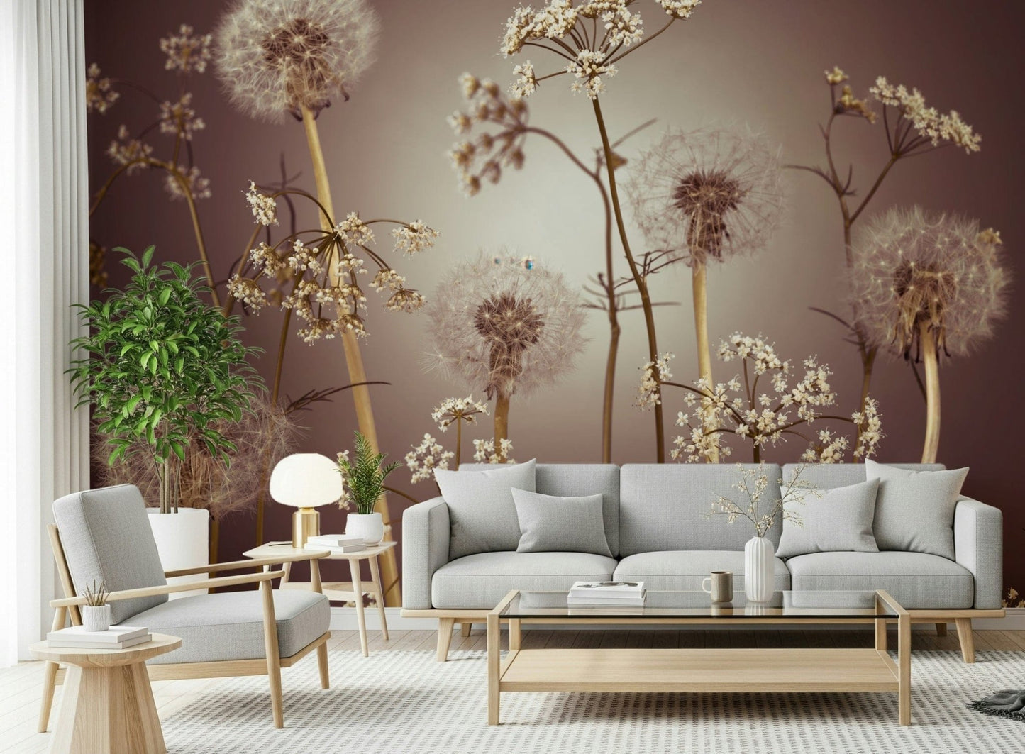 Wildflower Whispers Wall Mural behind sofa, delicate flowers for modern wall decor