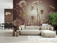 Living room feature wall with meadow wildflowers mural, light colors and airy design