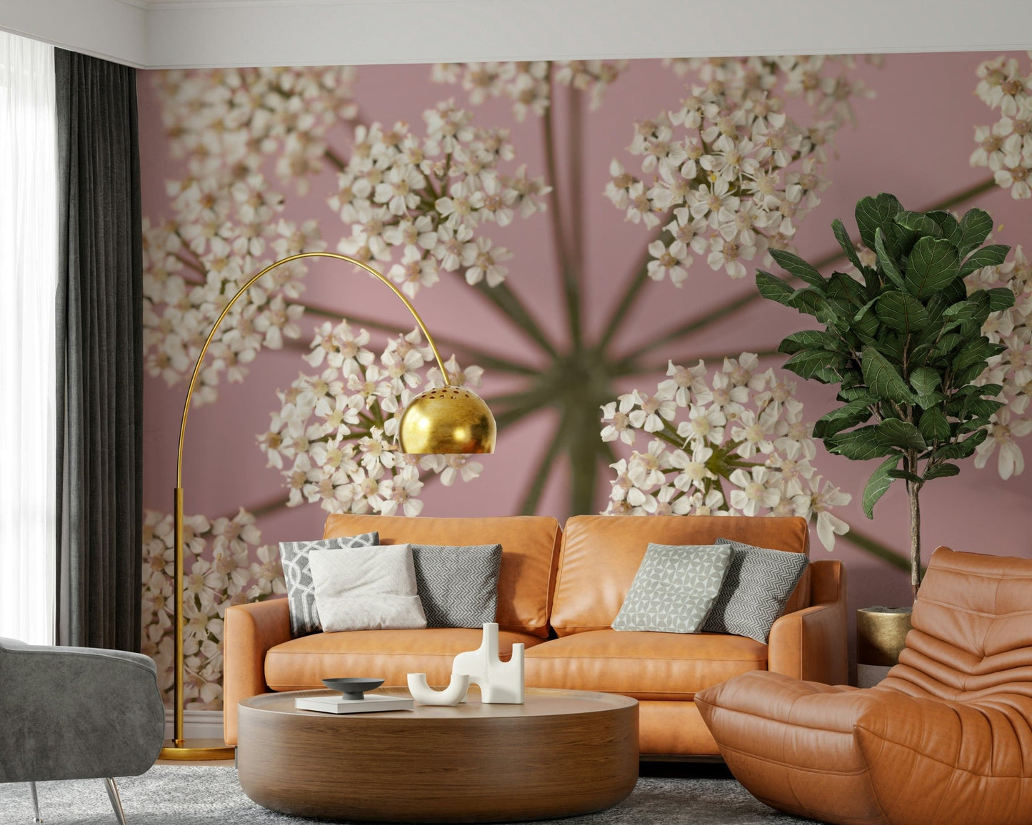 Macro floral wallpaper featuring intricate white umbels for home décor.