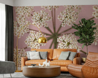 Macro floral wallpaper featuring intricate white umbels for home décor.